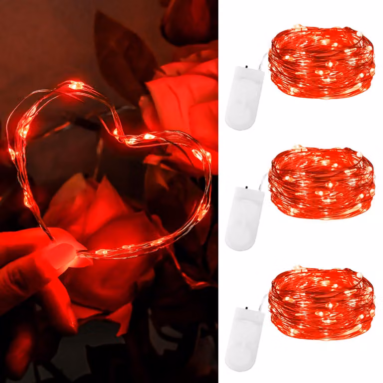 Catena luminosa a LED, colore rosso, 2 metri, 20 LED, confezione da 3 pezzi, alimentazione a batteria
