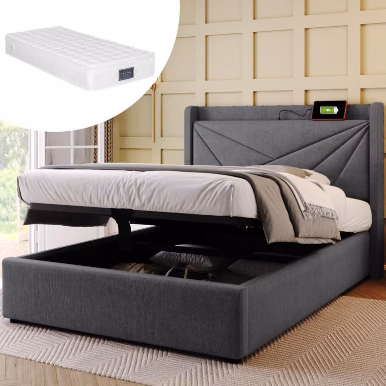 MODFU Letto contenitore 90 x 200 cm – 1 porta USB e 1 porta Type-C – Grigio