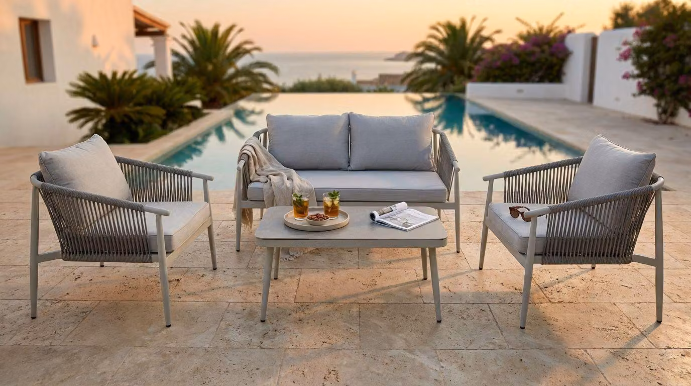 Milani Home - salotto da giardino, alluminio e corda, con tavolino e cuscini, 4 posti, grigio chiaro