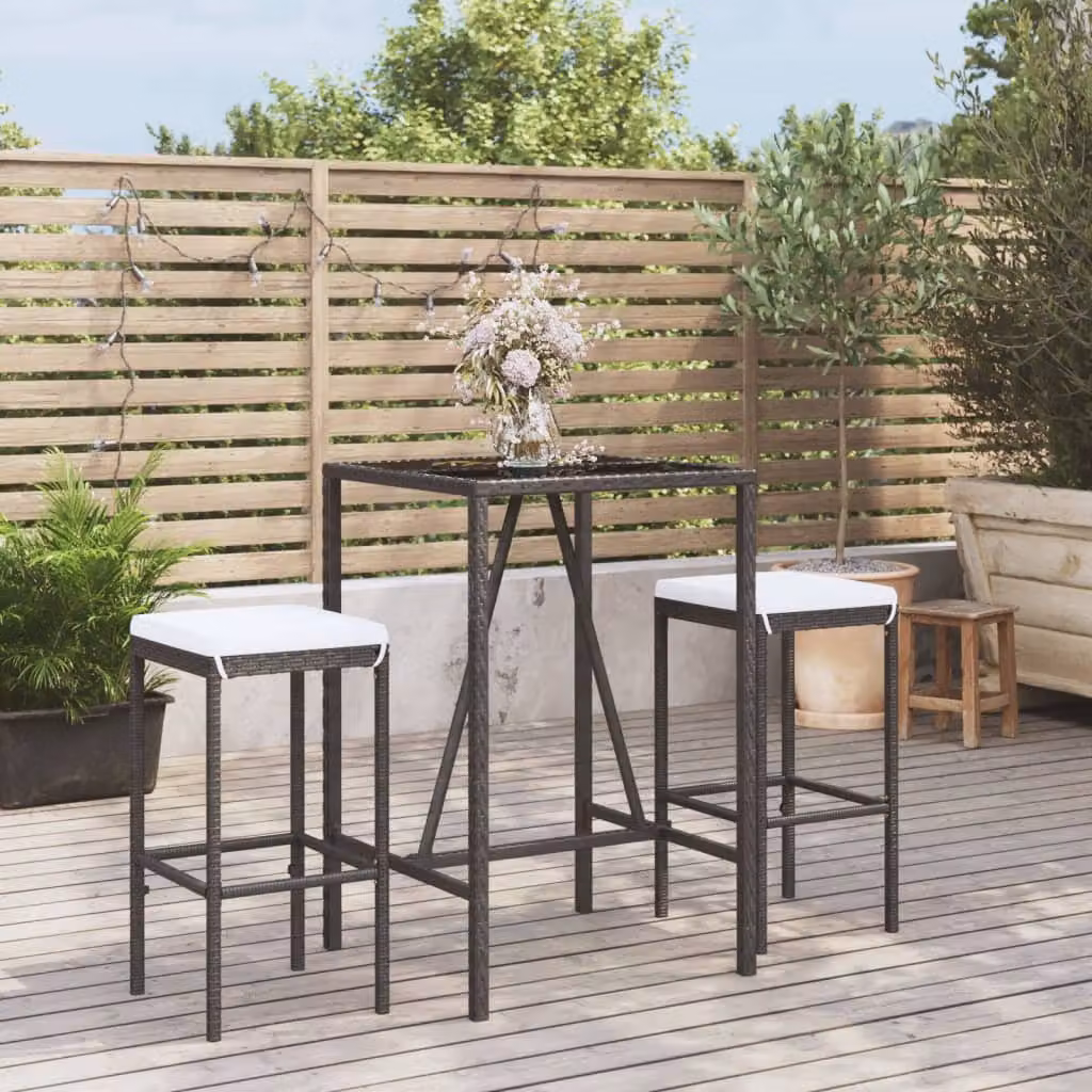 Set Bar da Giardino vidaXL in Polyrattan Nero con Cuscini e Piano in Vetro