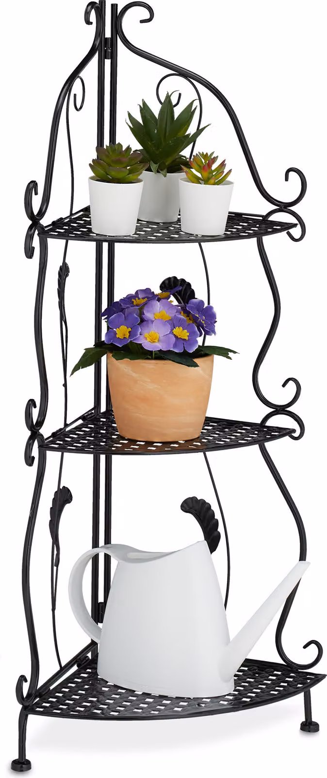 Relaxdays Scaffale angolare in metallo, 3 ripiani, L x P x A: 82,5 x 30 x 30 cm, scaffale per piante da appoggio, pieghevole, stile vintage, nero