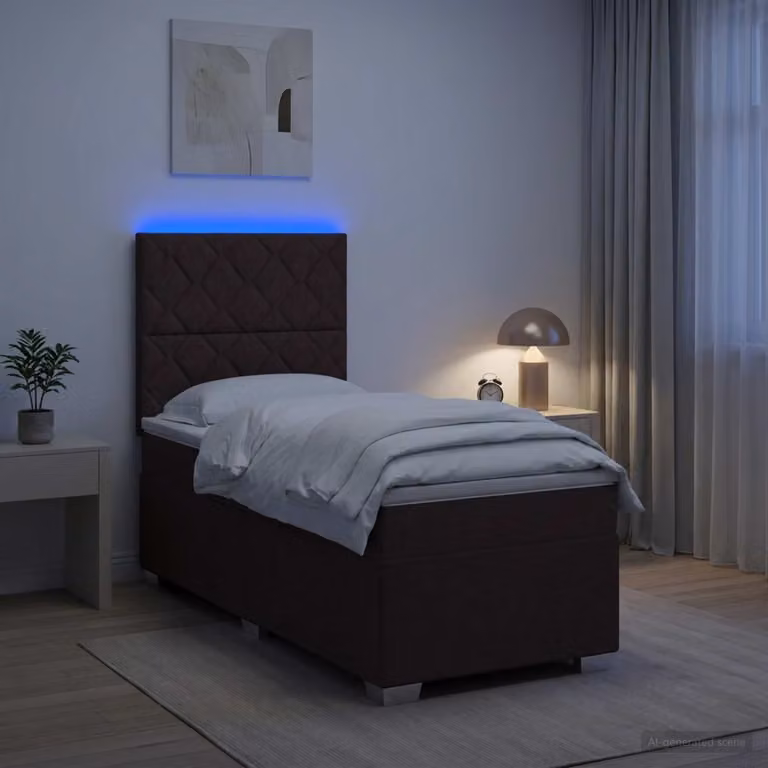 Letto box spring vidaXL con materasso a molle insacchettate, struttura imbottita in tessuto e legno, con illuminazione sottostante e porta USB, Marrone Scuro, L/P: 90 x 190 cm