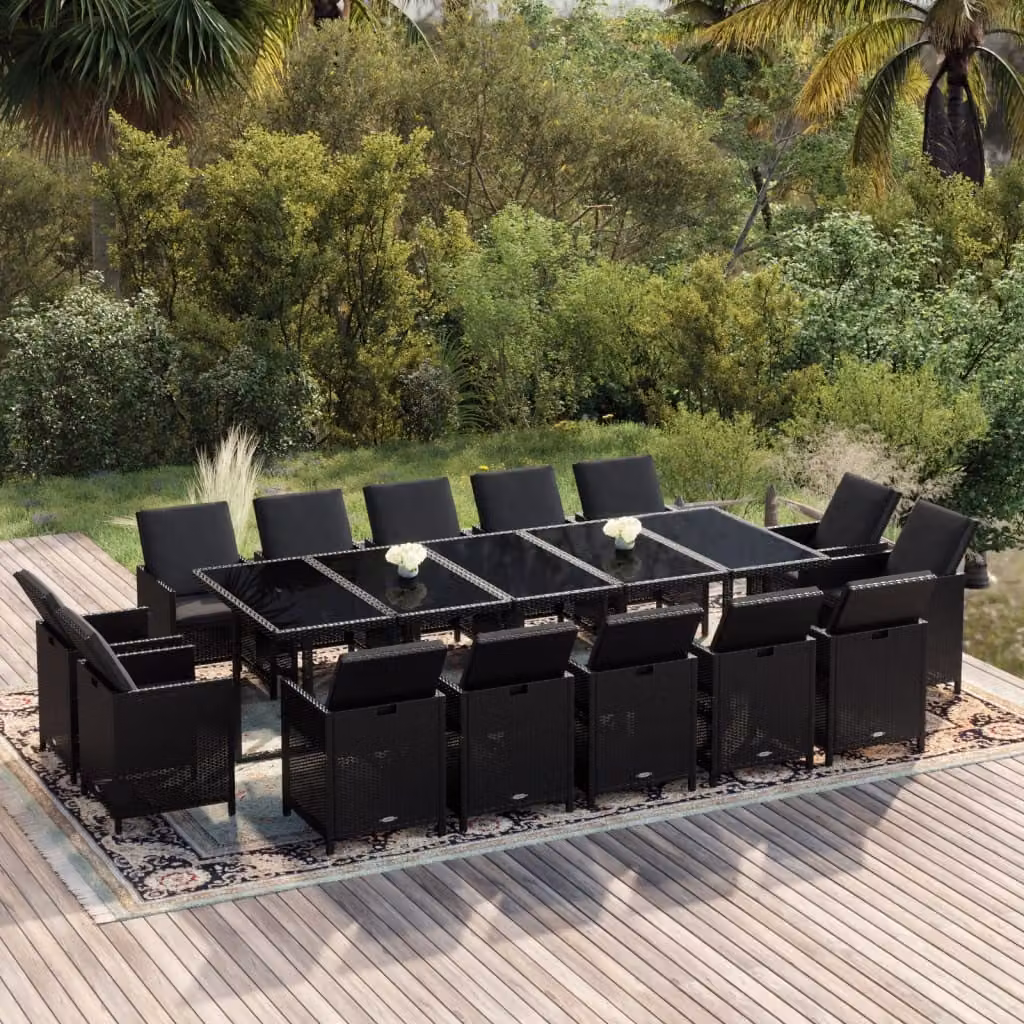 Maison Exclusive - Set da pranzo da giardino 15 pezzi con cuscini in polyrattan nero