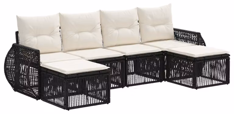 Set di divani da giardino, 6 pezzi, colore nero e crema, in rattan sintetico