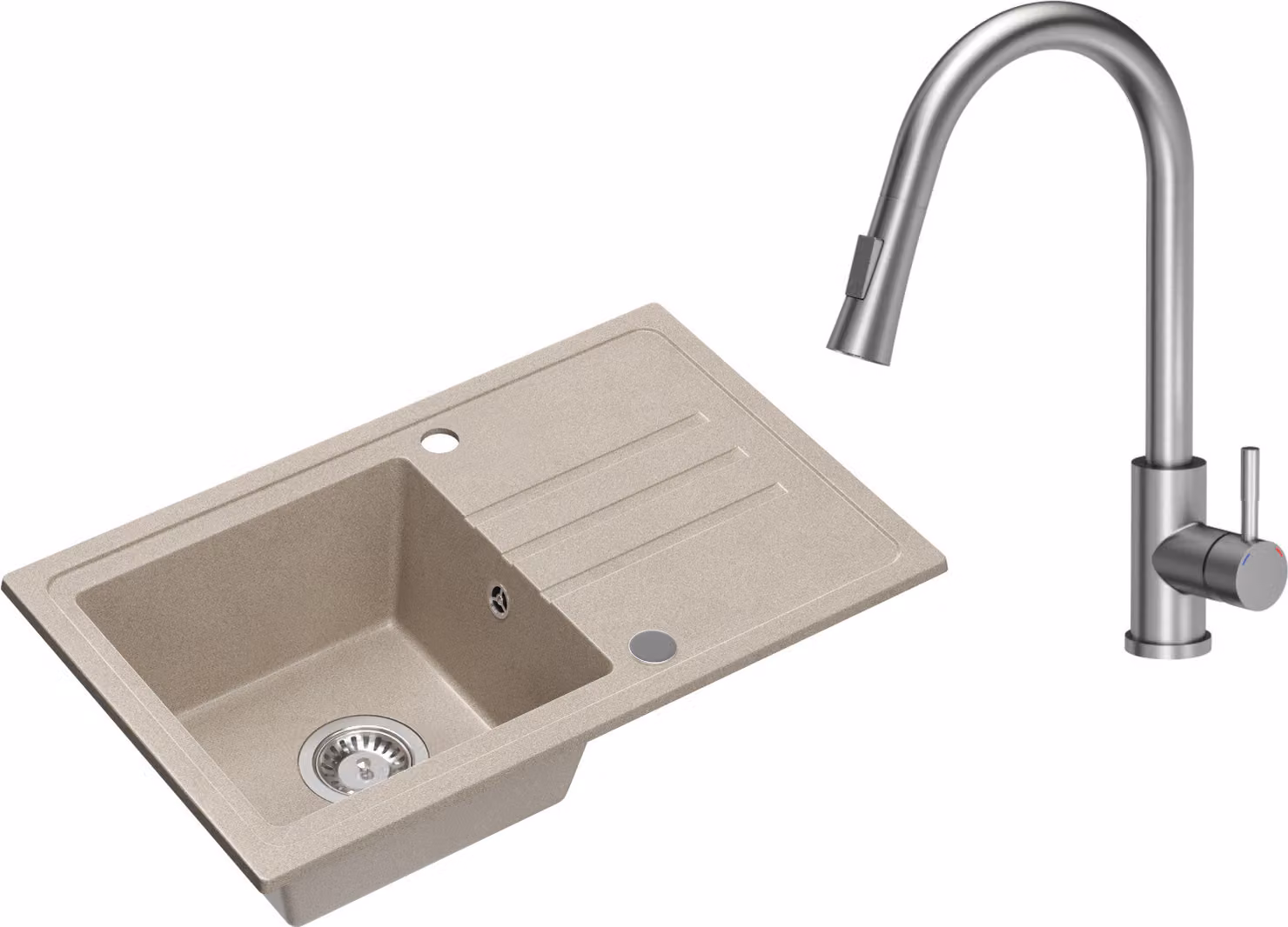 VBChome Lavello in granito beige con rubinetteria 70 x 44 cm Lavello da incasso a vasca singola Macchiettato Reversibile Lavello in granito Sifone Lavabo Rubinetteria in acciaio inox con bocca estraibile