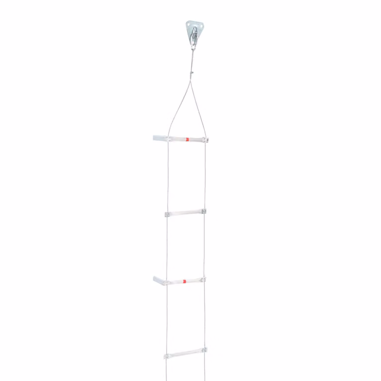 Corda di salvataggio, lunghezza 15 metri, portata 200 kg, peso netto 6,8 kg, struttura in acciaio e alluminio, distanza tra le pedane di 40 cm