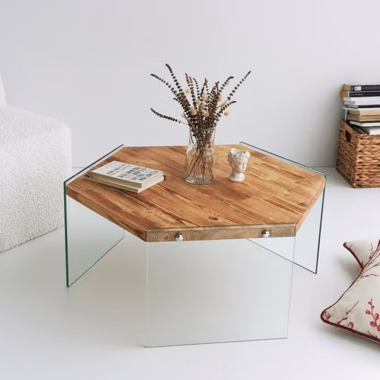 Skye Decor, Hexagon S304, tavolino, rovere, 100 % LEGNO DI PINO MASSICCIO, 80 x 70 x 35 cm