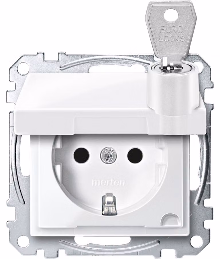 Merten MEG2315-0319 Presa di corrente bloccabile con coperchio a cerniera + protezione tattile avanzata Sistema M bianco polare con serratura vari meccanismi di chiusura