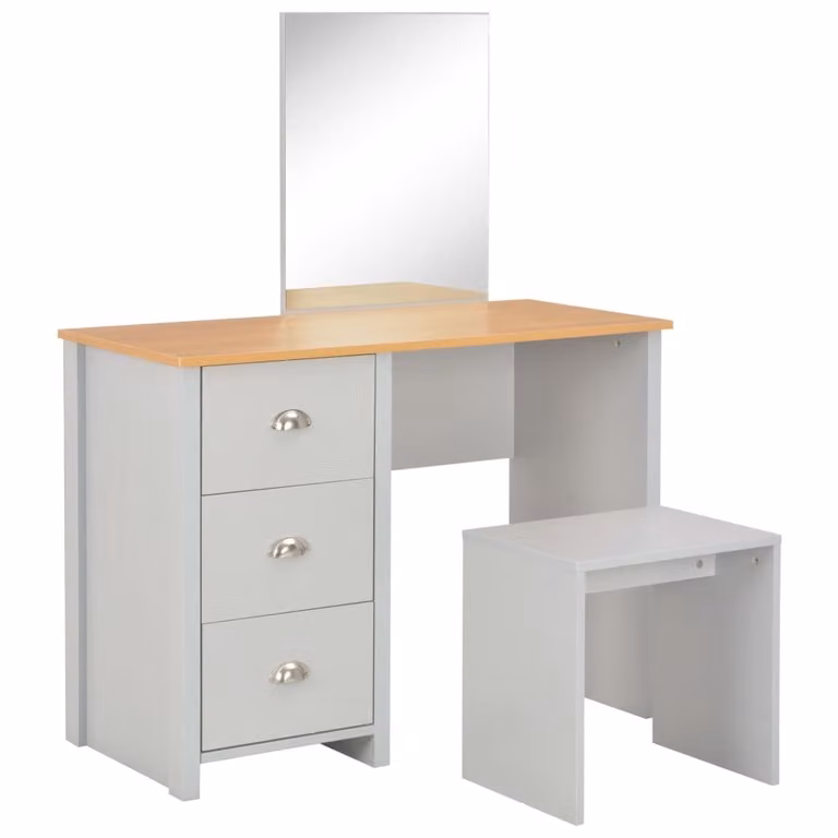 The Living Store Comodino con specchio e sgabello Grigio 104x45x131 cm