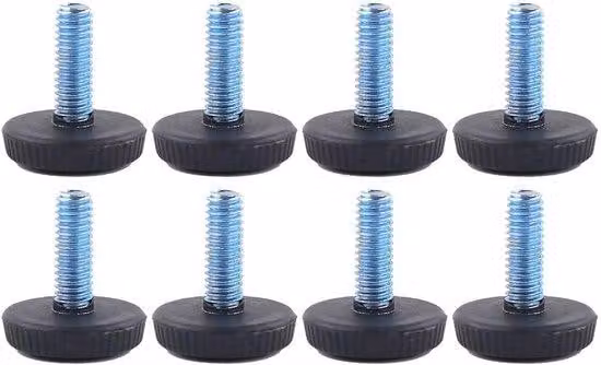 Set di 8 piedini regolabili per mobili, con attacco a vite M6, base in gomma antiscivolo e struttura in acciaio zincato resistente. Altezza totale: 25 mm. Set di piedini per mobili
