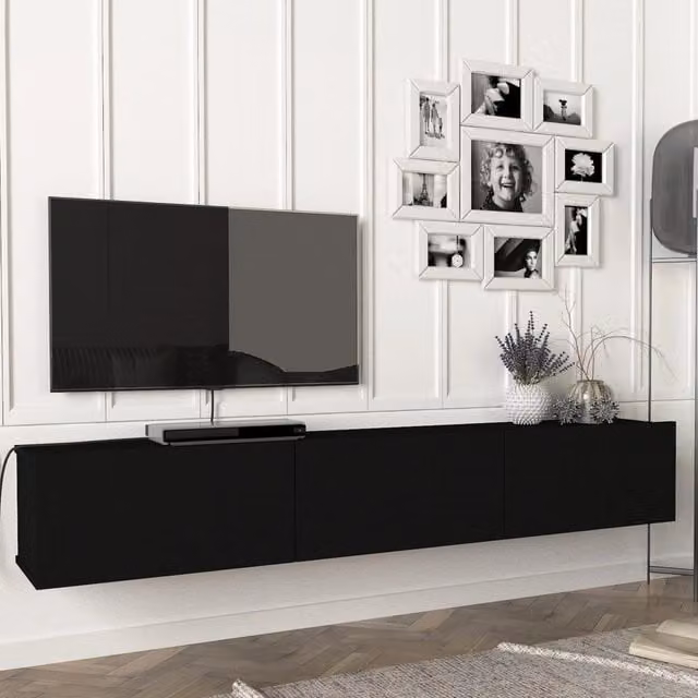 Mobile TV da parete Vihti en.casa con 3 ante a ribalta in legno, colore nero opaco, L: 180 cm, P: 31 cm, H: 29,5 cm