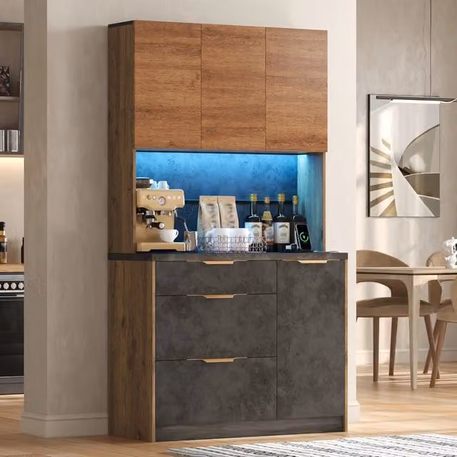 Mobile colonna da cucina con LED RGB; prese e ripiani regolabili in MDF naturale 100 × 40 × 180 cm