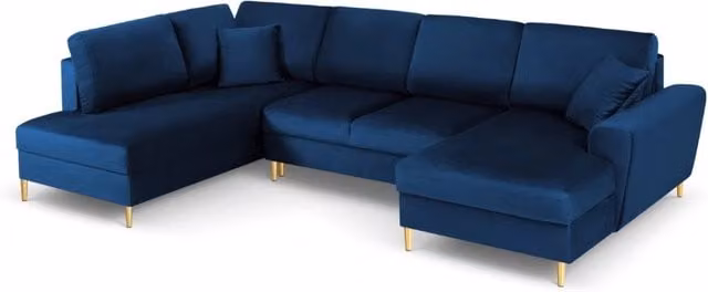 Divano panoramico convertibile Kyoto Cosmopolitan Design con contenitore, 7 posti, velluto blu e oro, L 313 cm x P 194 cm x H 88 cm – 1