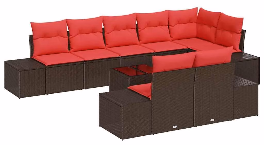 Set di divani da giardino con spazio contenitore, color marrone e rosso, in rattan sintetico