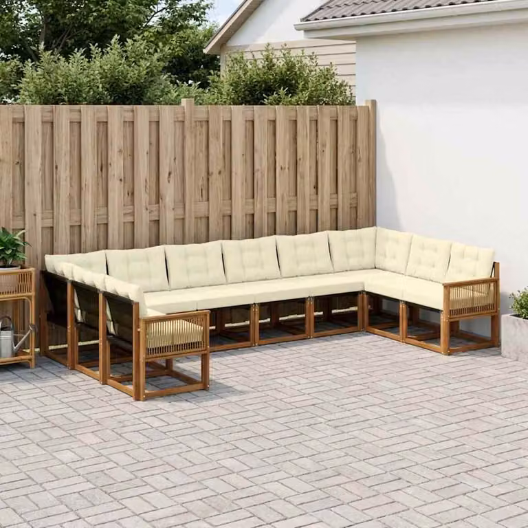Set di divani da esterno vidaXL a forma di U composto da 10 pezzi in legno di acacia e tessuto textilene, colore beige e bianco
