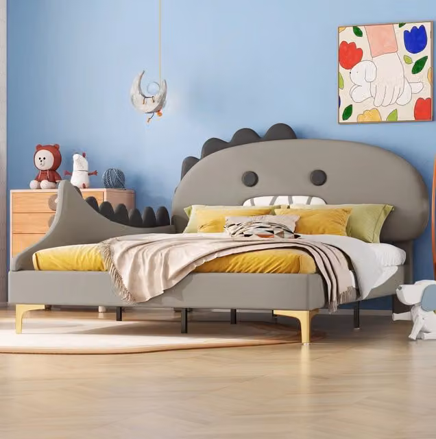 Letto per bambini 140x200 cm; design dinosauro; PU e MDF; grigio