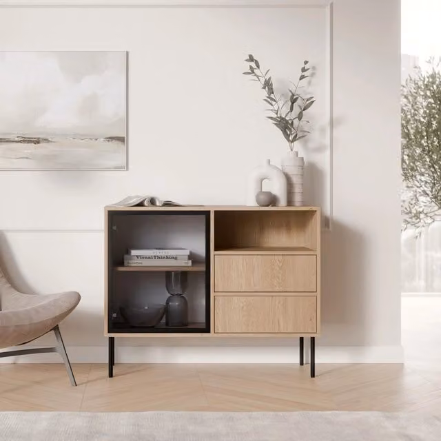 Madia Caravino DMORA in legno e vetro, Credenza moderna con 2 cassetti, Colore Marrone e Beige, L: 100 cm, P: 40 cm, H: 80 cm – 1