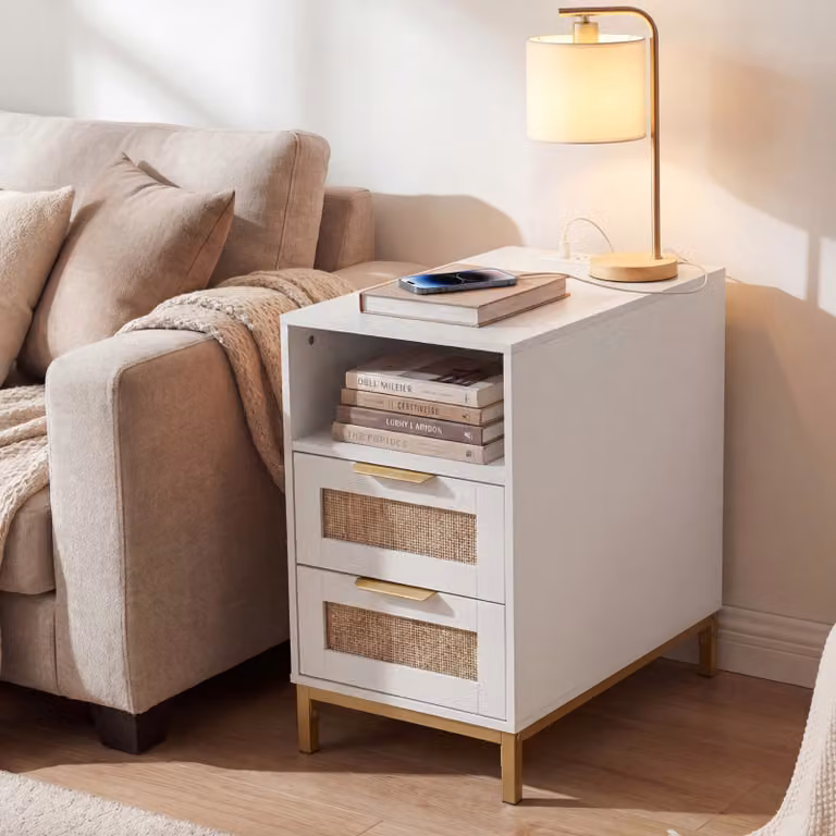 Comodino Costway in stile boho con rattan e 2 cassetti, struttura in metallo, colore bianco