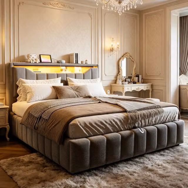 Letto contenitore 180 x 200 cm con LED e contenitore idraulico, USB/USB-C, letto imbottito in lino grigio con vano integrato nella testiera