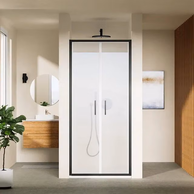 Porta doccia 90cm con apertura saloon profili slim nero opaco vetro 6mm trasparente h190 | Portofino