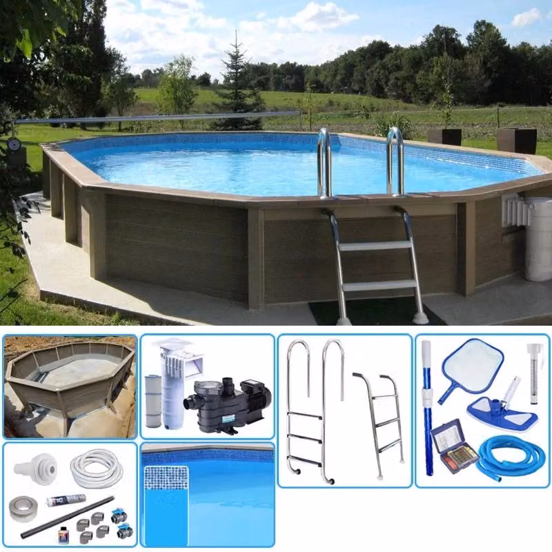 Piscina interrata NATURALIS in pietra ricostruita effetto legno, colori blu e marrone, L: 7,75 m, P: 4,72 m, H: 1,40 m, con sistema di filtrazione a cartuccia – 2