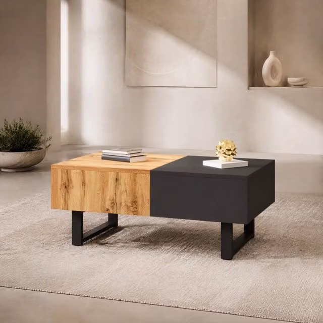 Tavolino da caffè scorrevole con contenitori, legno e antracite, 100 x 40 x 55 cm