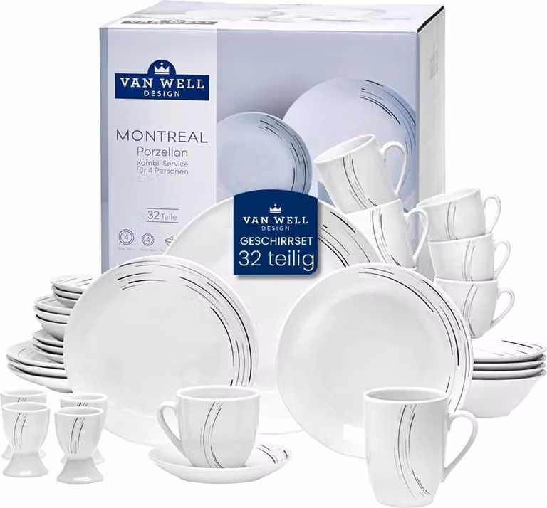 Set da portata per 4 persone - 32 pezzi in porcellana classica - Bianco con linee grigio-nere