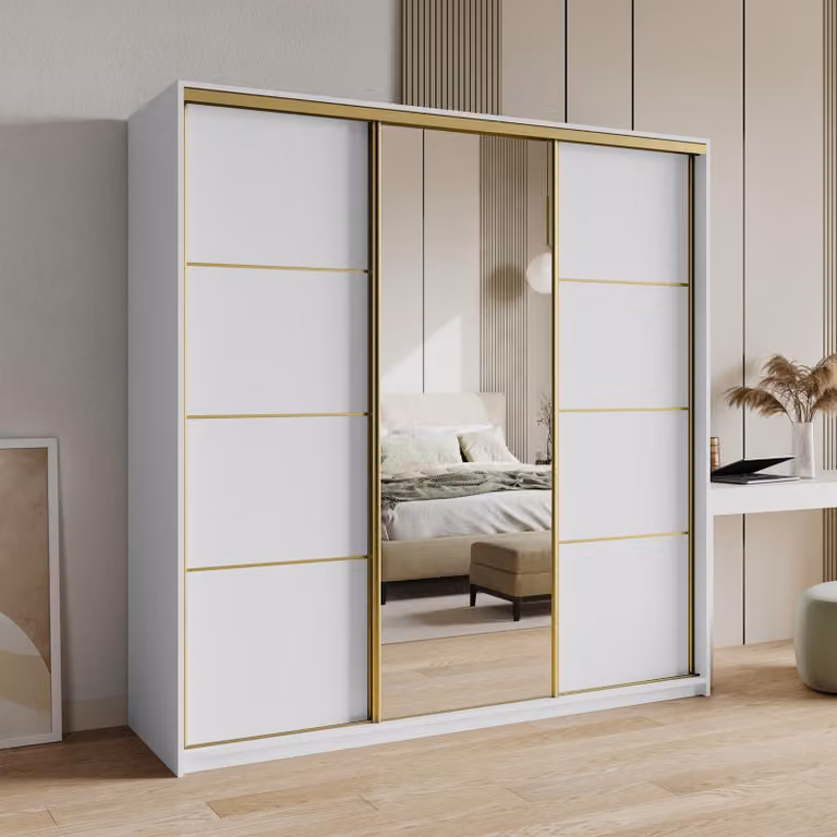 Armadio scorrevole Masseno VARO 180/205/60 cm Armadio con 4 cassetti Armadio per camera da letto a 3 ante con specchio Bianco