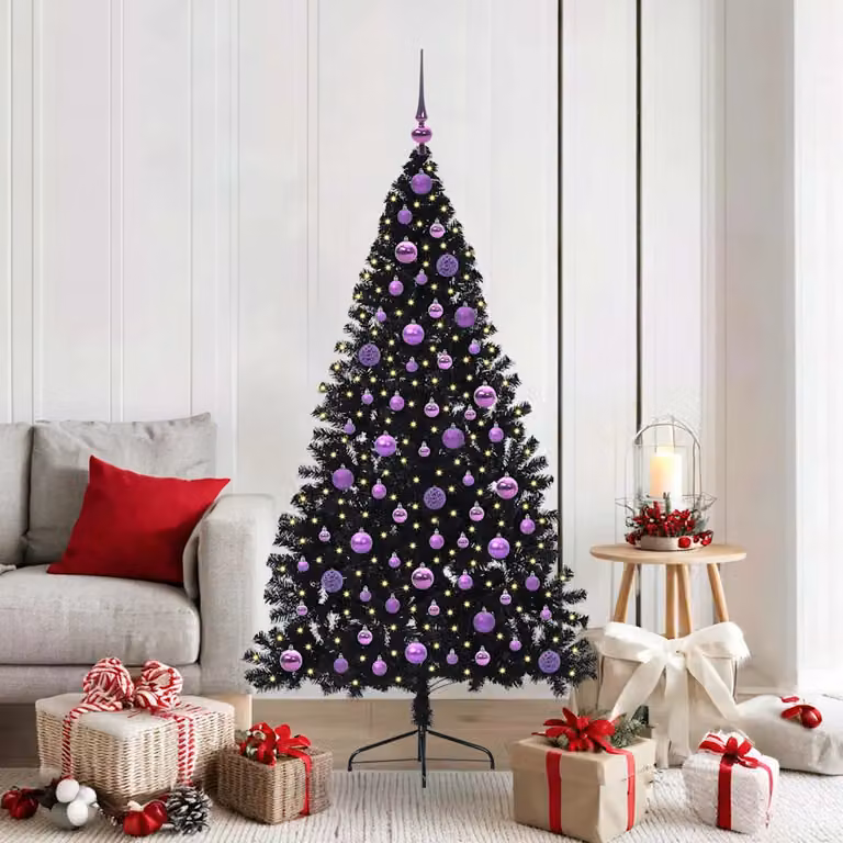 Albero di Natale artificiale moderno vidaXL con luci LED bianco caldo, colore nero, Altezza: 180 cm, in PVC e metallo
