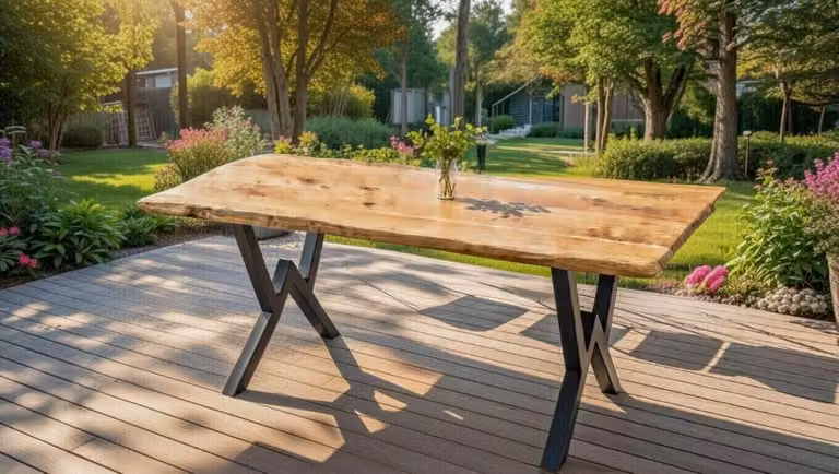 Tavolo da pranzo massiccio in legno con struttura in metallo a forma di X di colore nero
