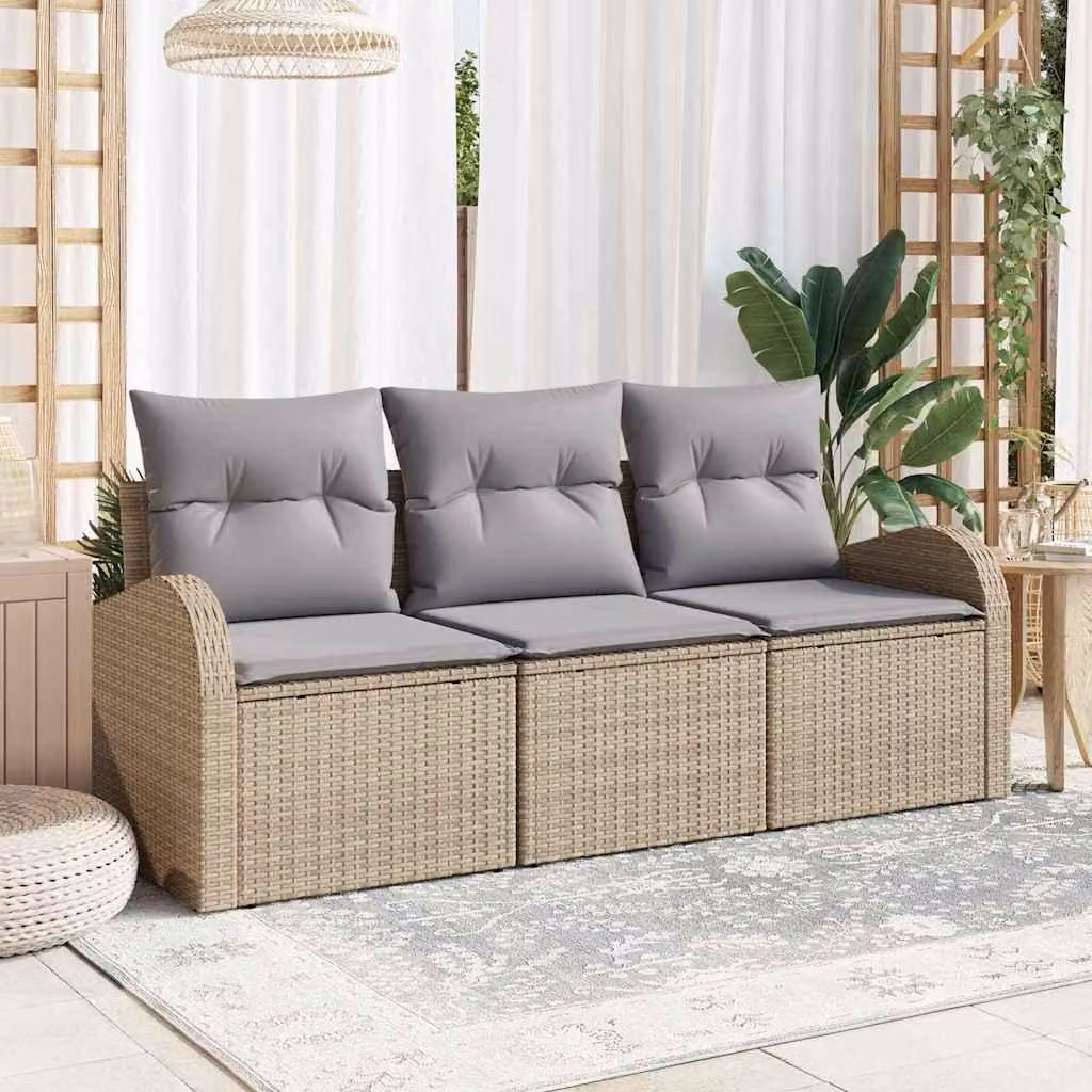 Set Divano da Giardino 3 pcs beige e grigio chiaro Poly Rattan