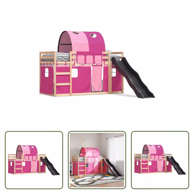The Living Store Letto a castello con scivolo e tende Rosa 80x200 cm