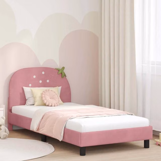 Struttura letto per bambini con testata e giroletto in velluto rosa, L 80 cm x P 200 cm, H 85 cm