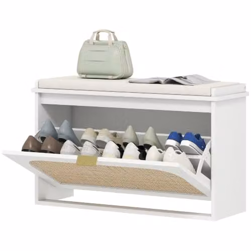 Helloshop26 Panca per scarpe da ingresso, 80 x 26 x 47,5 cm, seduta imbottita comoda, ripostiglio 8 paia scandinavo pulito in MDF bianco 21_0002758