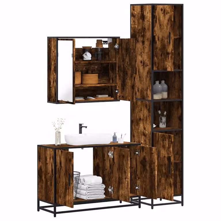 Set di mobili da bagno industrial vidaXL in legno e metallo marrone composto da 3 pezzi con armadietto specchio, mobile lavabo e colonna alta