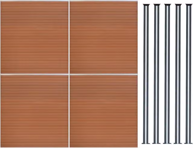 Set di 4 Pannelli per Recinzione in Alluminio e Doghe PVC con 5 Pali LED Marrone Altezza: 185 cm – 1
