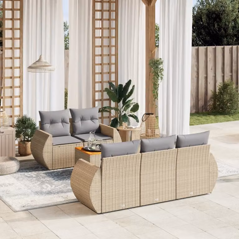 vidaXL Set Divano da Giardino a L composto da 6 pezzi con Cuscini Beige e Tavolino da Caffè in Polyrattan e Acciaio