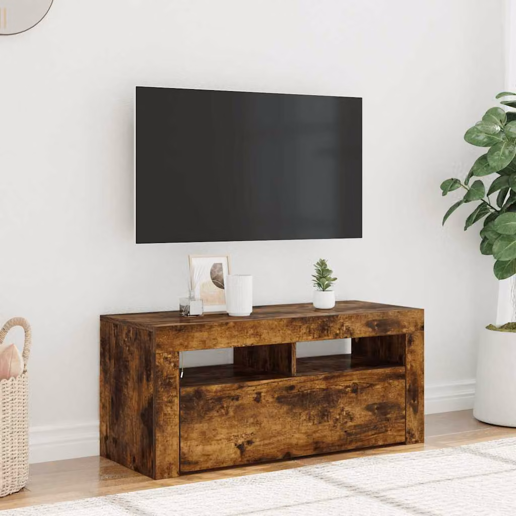 vidaXL Mobile Porta TV Moderno con Luci LED Integrate in Rovere Fumo, L 90 cm x P 35 cm x H 40 cm