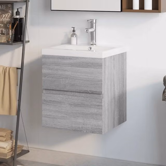 Mobile bagno sospeso con lavabo integrato vidaXL moderno in legno grigio e bianco L: 76,5 cm, P: 45 cm, H: 38,5 cm