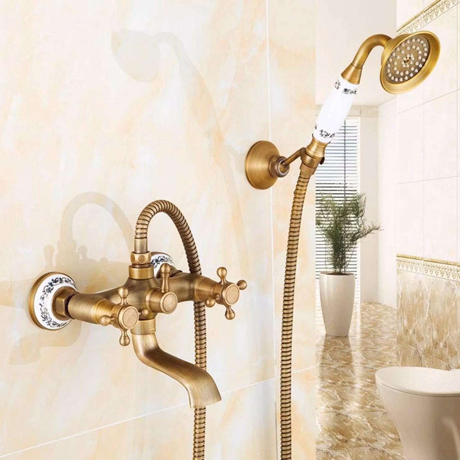 Miscelatore per lavabo con doccetta, in ottone, stile antico, blu e bianco, con maniglie a forma di croce, lunghezza 150 mm