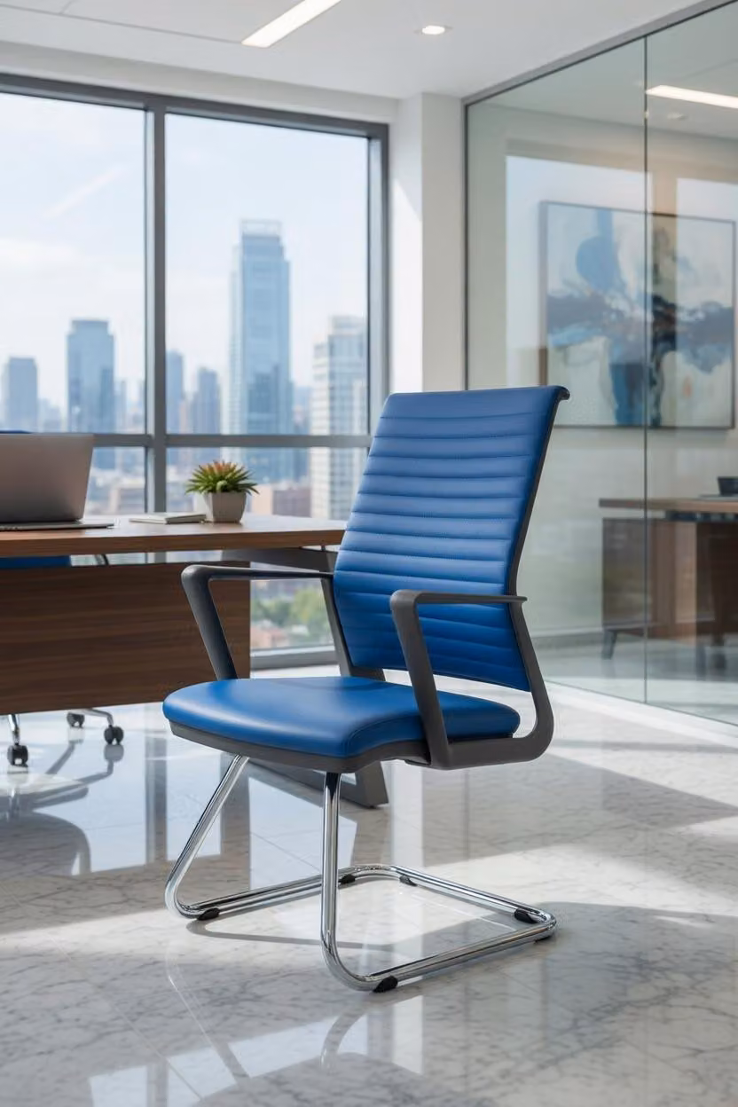 Sedia da ufficio robusta, colore blu, con schienale ergonomico e braccioli