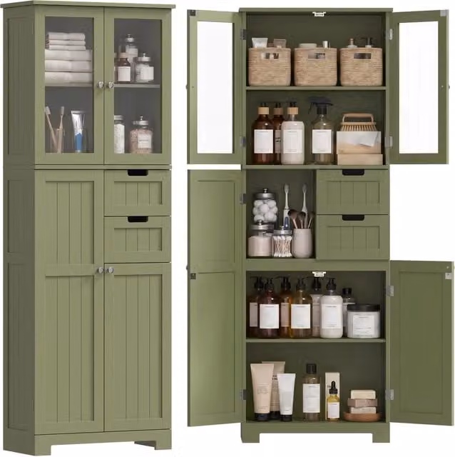 Mobile Alto Contenitore con Ante in Vetro e Ripiani Regolabili, Armadietto Moderno per Bagno, Cucina e Salotto, Verde
