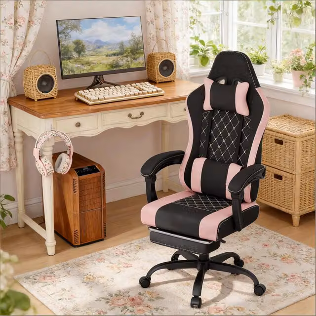 Sedia gaming ergonomica WISHDOR in tessuto mesh con poggiatesta e braccioli, nero e rosa