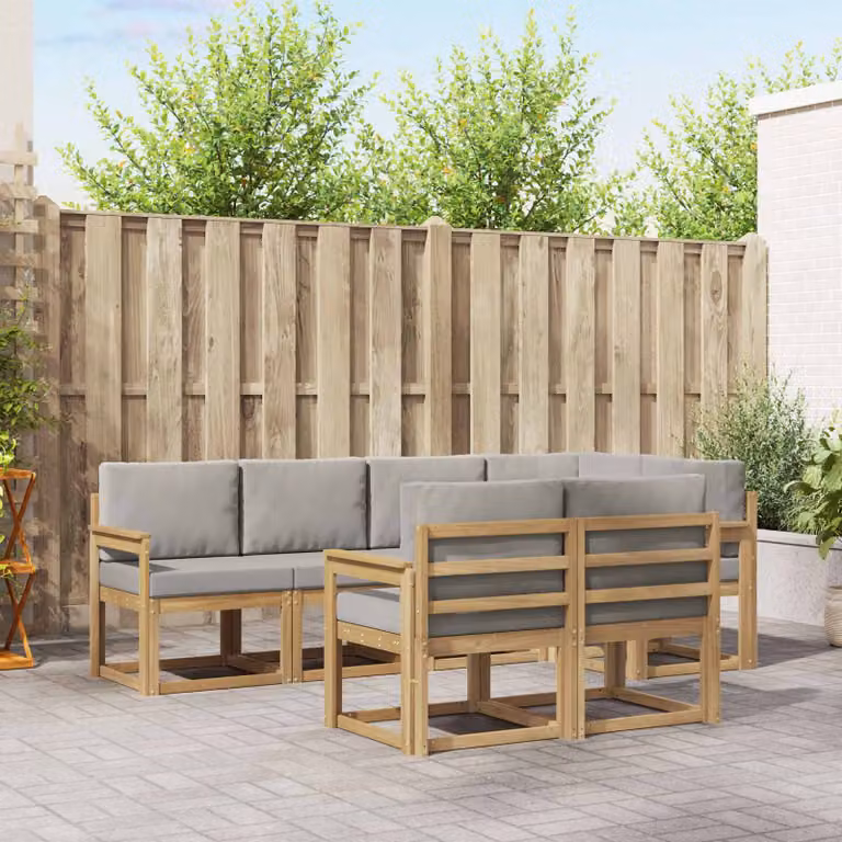 vidaXL Set di divani da esterno a forma di L composto da 7 pezzi in legno di acacia con cuscini, Bianco, Grigio e Marrone