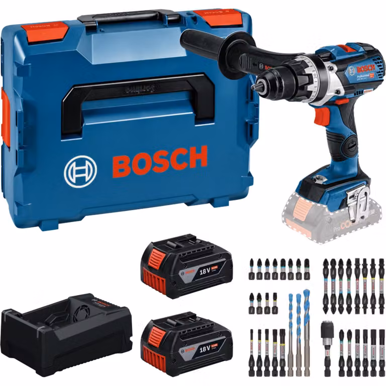 Set di utensili Bosch: GSR 18V-110 C + 2x GBA 5,0 Ah + GAL 12V/18V-80 + set di punte in L-BOXX