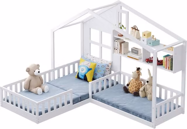 Letto singolo per bambini 90x200 cm a casetta con LED; ripiani e sponde; bianco