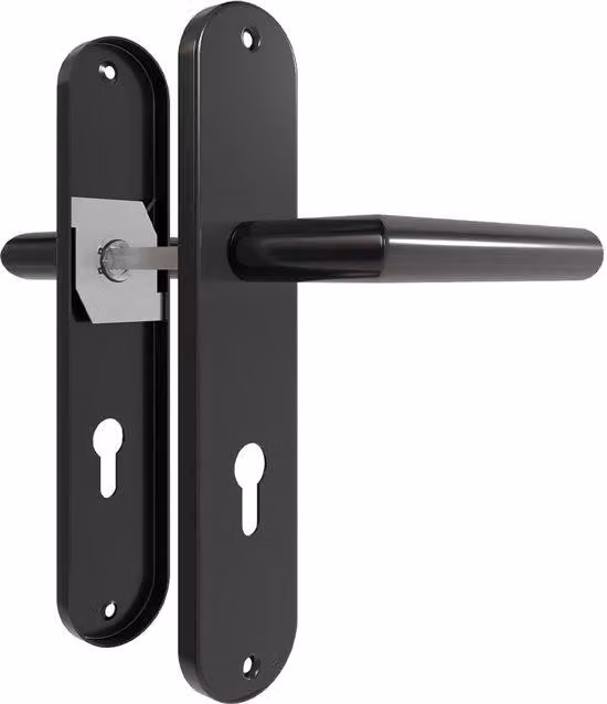 Set di maniglie per porte interne Ibbenzoa® – confezione da 2 con placca lunga, finitura nera opaca, acciaio inossidabile, dimensioni 240 x 50 mm, maniglia 135 mm, diametro 19 mm, distanza tra fori 72 mm, inclusa serratura e kit di montaggio