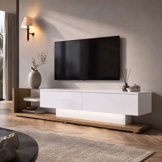 Mobile TV 170 x 36 x 38 cm con 2 cassetti; 2 ripiani in vetro; LED App; bianco lucido e legno