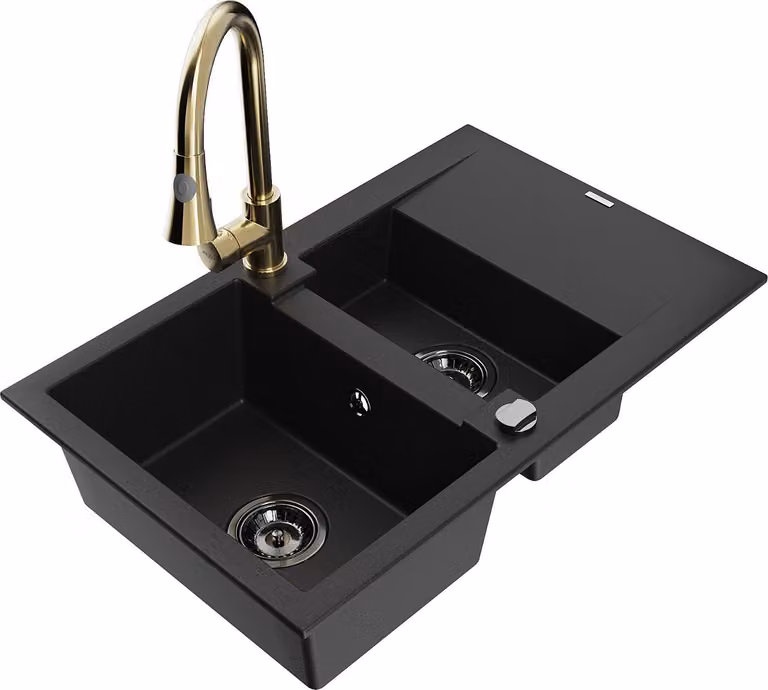 Mexen Gaspar lavello in granito 1,5 vasche con sgocciolatoio e miscelatore cucina Elia, nero - 6507-77-670101-50-B