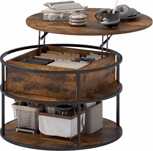 Tavolino da caffè rotondo REDOM marrone con altezza regolabile e vano contenitore Ø80 cm – 1